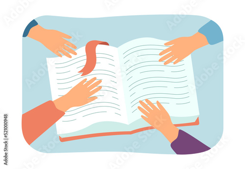 Hands of cartoon people reaching for open book. Students doing homework or studying together flat vector illustration. Teamwork, education, literature concept for banner or landing web page