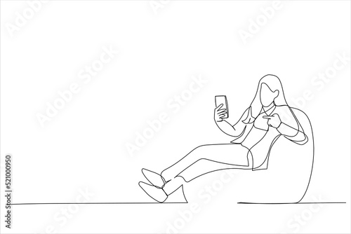 Illustration of young businesswoman sit in bag chair hold use pointing index finger on mobile cell phone. One line art style