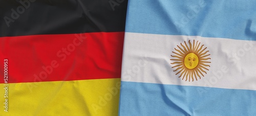 Flags of Germany and Argentina. Linen flag close-up. Flag made of canvas. German, Berlin. Benos Aires. State national symbols. 3d illustration.