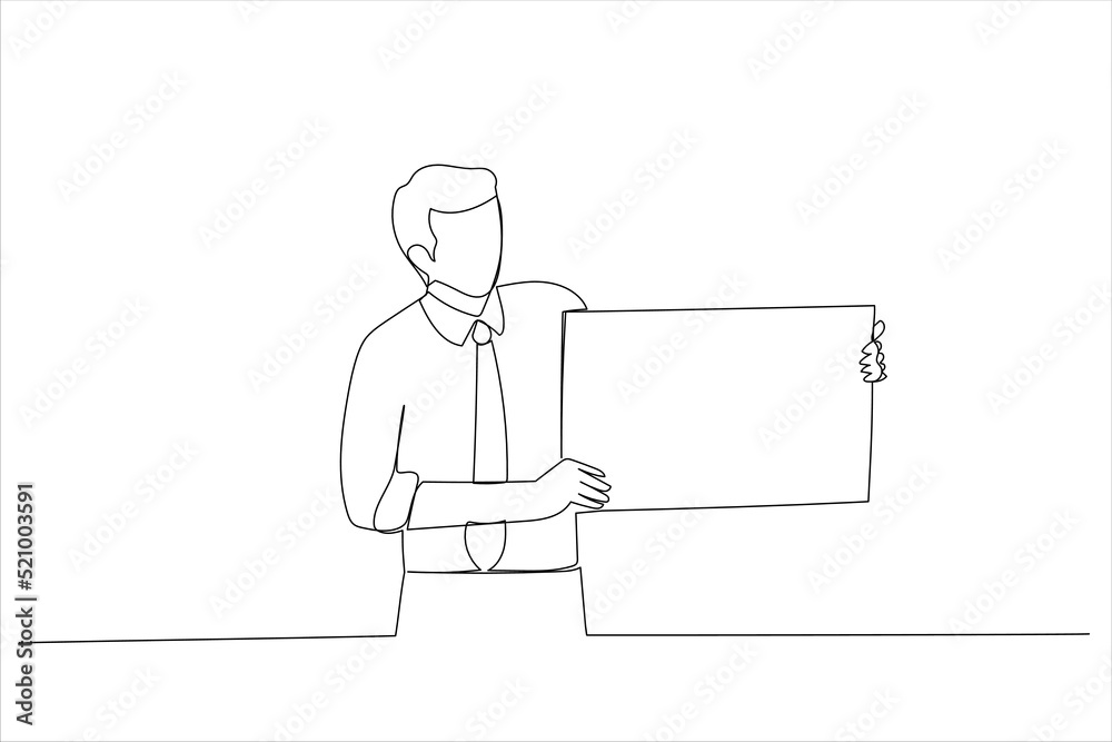 Illustration of happy man displaying white blank placard, mockup for logo or design. One continuous line art style Illustration of happy man displaying white blank placard, mockup for logo or design. One continuous line art style