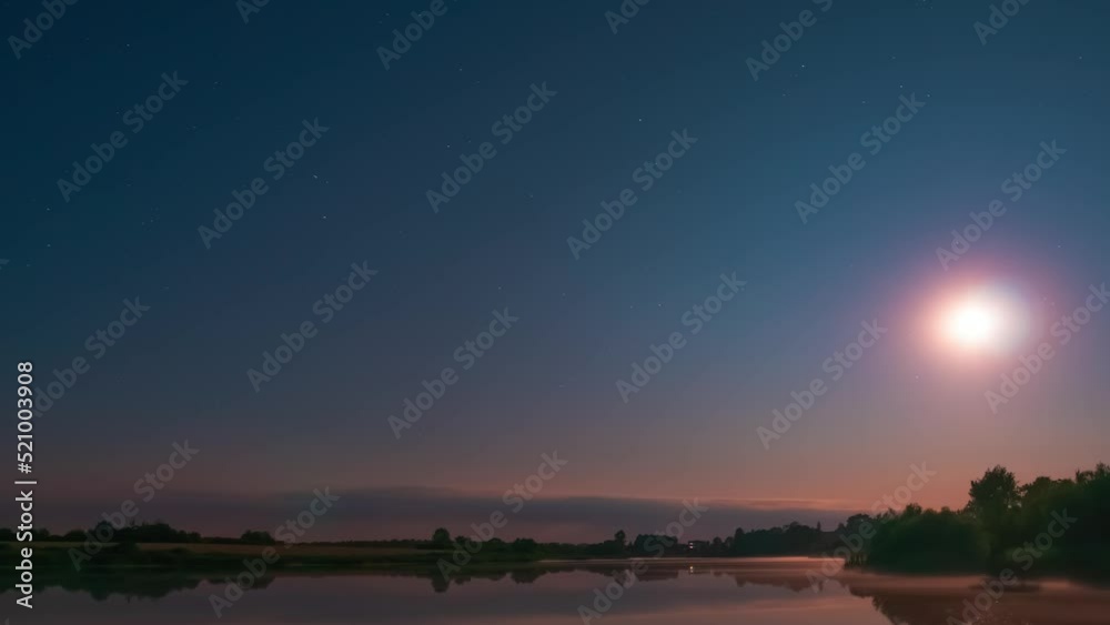 Timelapse of starry night on a calm lake with flat water surface