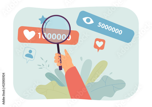 Hand examining views and likes under magnifier. Person looking at social media statistics flat vector illustration. Network, marketing, advertising concept for banner, website design or landing page