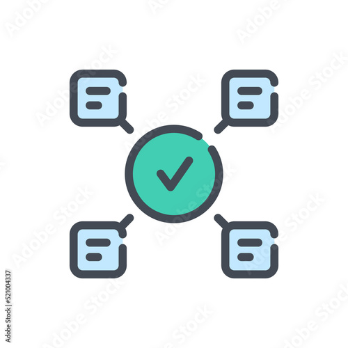 Comments approval and text confirmation color line icon. Chat boxes and check mark in circle vector outline colorful sign.