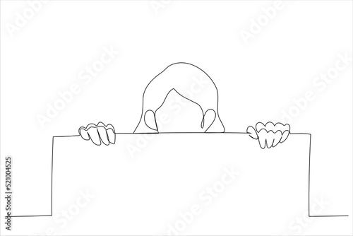 Cartoon of pair of cheerful woman eyes protrudes behind blank white board. Single continuous line art style