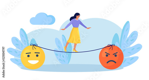 Emotional intelligence, balance emotion. Woman walk thin rope with bad and good emotions. Unstable mental state and tight emotion control. Psychological and mental stability. Mindful calm, harmony