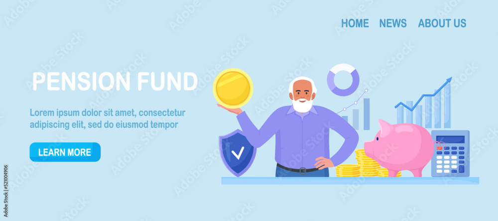 Elderly man standing near stack of money, piggy bank holding gold coin. Pensioner keeping cash in bank deposit account. Pension savings investment in retirement mutual fund. Financial saving insurance Elderly man standing near stack of money, piggy bank holding gold coin. Pensioner keeping cash in bank deposit account. Pension savings investment in retirement mutual fund. Financial saving insurance
