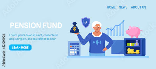 Elderly woman standing near safe, piggy bank, holding money bag. Pensioner keeping cash in bank deposit account. Pension savings investment in retirement mutual fund
