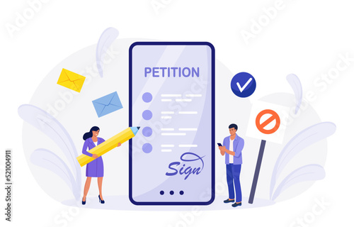 Petition form on phone screen. People signing and spreading internet petition or complaint. Online balloting, making choice. Paper, democracy. Collective public appeal document addressed to government