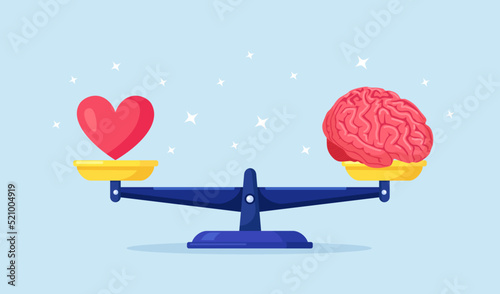 Balance between heart, emotions, love and intelligence, brain, logic on scales. Choosing between Feelings and Mind, Career or Hobby, Love or Work. Making Life Decision. Emotional balance