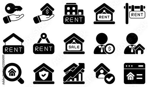 Set of Vector Icons Related to Rental Property. Contains such Icons as Owner, Real Estate, Rent, Sale, Sales Agent, Search and more.