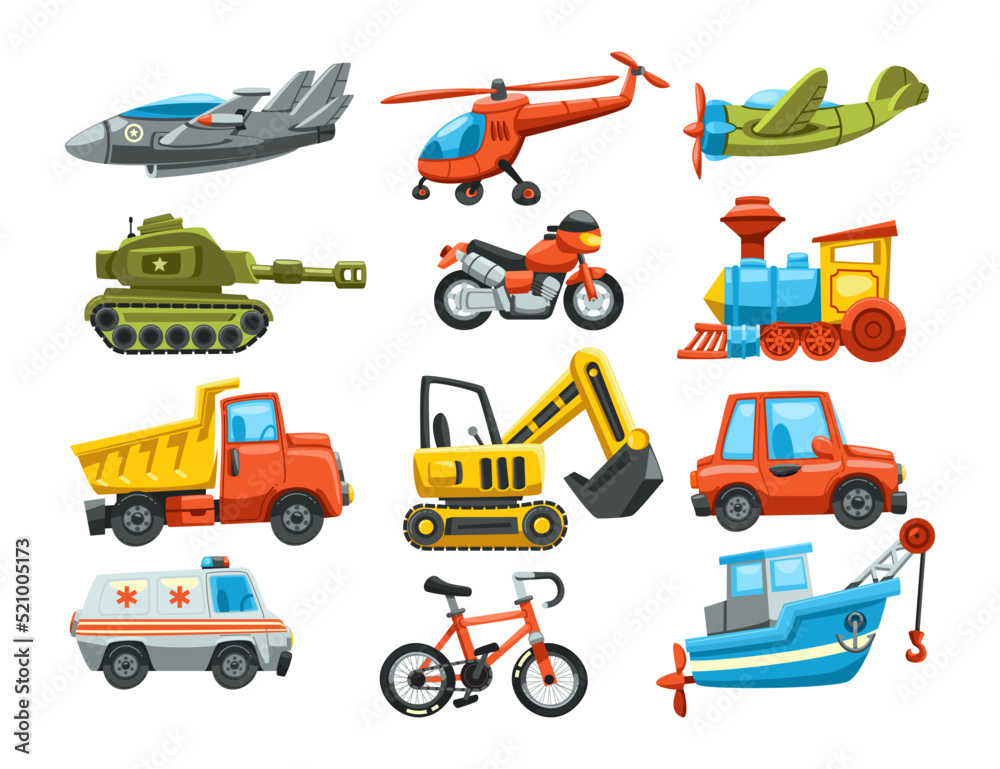 Different transport toys for kids flat vector illustrations set. Toy cars, helicopter, train, ship, motorcycle, plane for children on white background. Childhood, entertainment, transport concept Different transport toys for kids flat vector illustrations set. Toy cars, helicopter, train, ship, motorcycle, plane for children on white background. Childhood, entertainment, transport concept