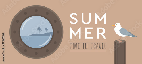 time to travel porthole with tropical seascape viewand gull marine summer holiday design
