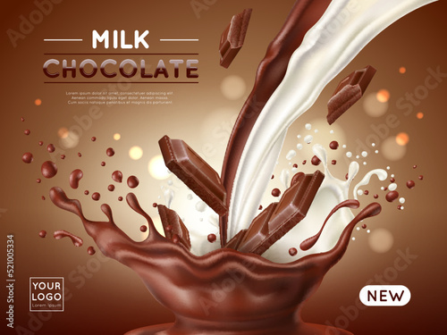 Chocolate poster. Realistic milk and cocoa streams, sweet natural product advertising banner, desert food, dark and white splash, promotional flyer template, utter vector 3d concept