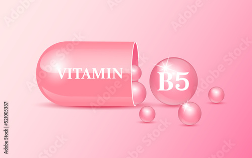 Capsule vitamin B5 structure pink and white with circular bubbles flowing out. Beauty concept. Personal care. 3D Vector Illustration. transparent capsule pill. Drug business concept.	
