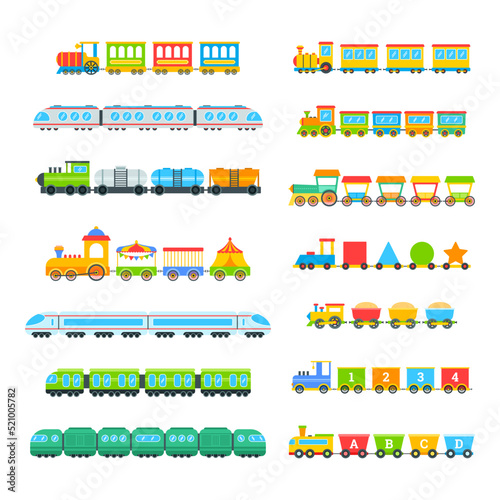 Different toys trains cartoon illustration set. Colorful kids locomotives, suburban train, electric railways, engines or wagons. Entertainment, recreation, childhood, transportation, vehicle concept
