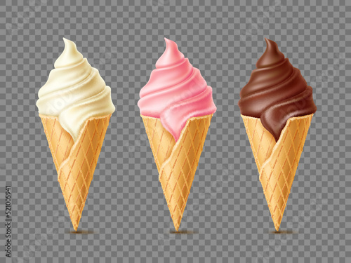 Different flavours ice cream. Waffle cones with frozen dessert, vanilla, chocolate and pink berry, soft milk creamy gelato, 3d isolated on transparent background elements utter vector set