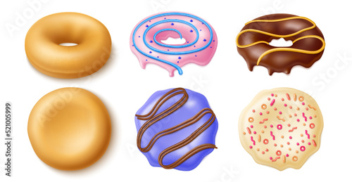 Donuts constructor. Realistic sweet buns and different glazes and toppings, top and side view, mixed flavors cakes kit, chocolate and vanilla lavender, sweet desserts, utter vector 3d set