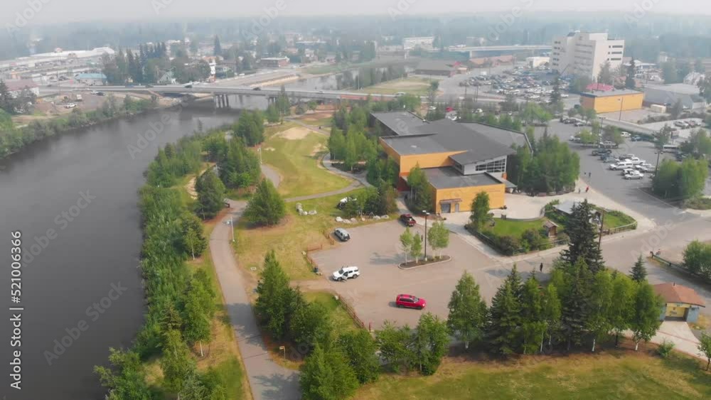 4K Drone Video of Morris Thompson Cultural Center on the Chena River in Downtown Fairbanks, Alaska on Summer Day 4K Drone Video of Morris Thompson Cultural Center on the Chena River in Downtown Fairbanks, Alaska on Summer Day