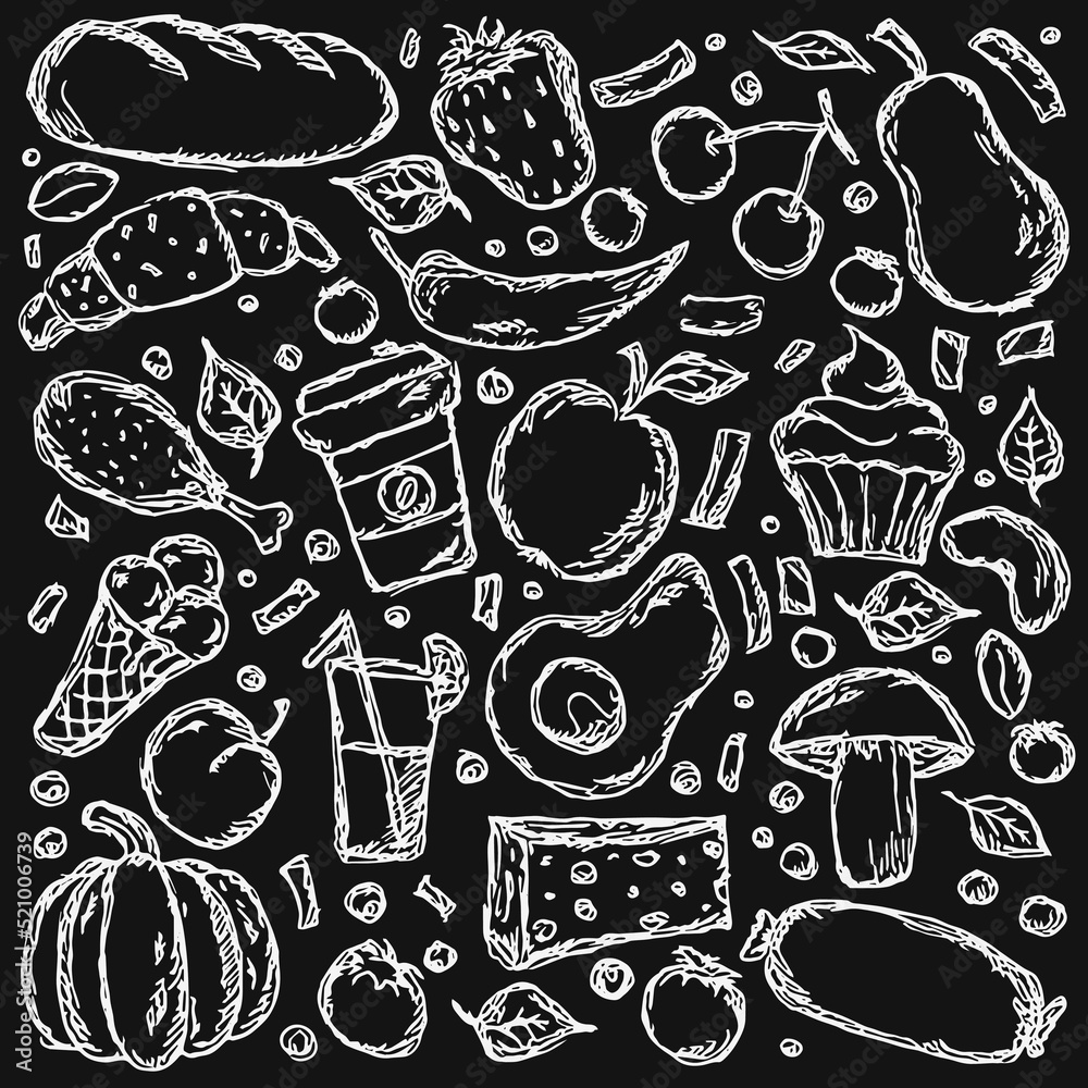 Food icons. Doodle vector food background. Black and white food illustration