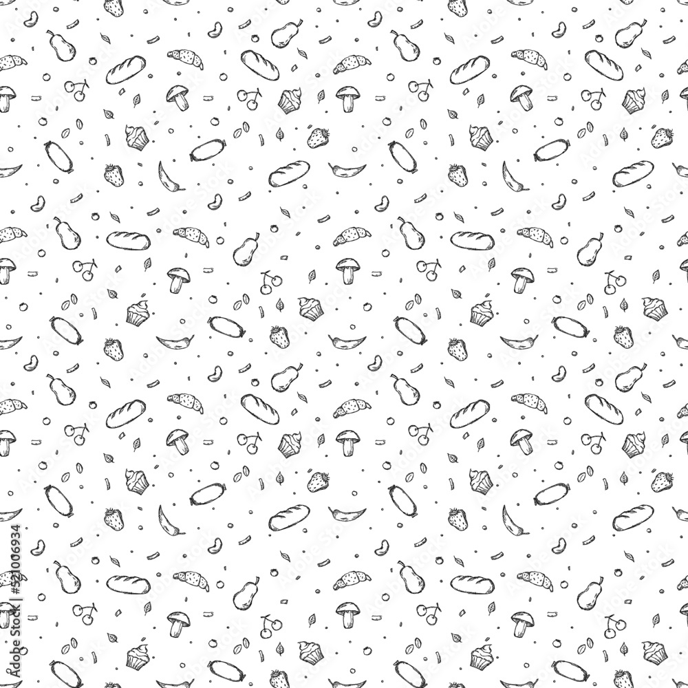 Seamless food pattern. Doodle vector food background. Black and white