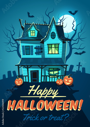 Fototapeta Naklejka Na Ścianę i Meble -  Horror halloween house. Gothic abandoned home, ghostly haunted mansion, party invitation and greeting, trick or treating pumpkins, card or poster, tidy vector cartoon flat concept