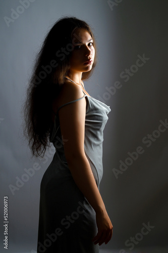a beautiful Brazilian woman in a gray dress poses in the studio