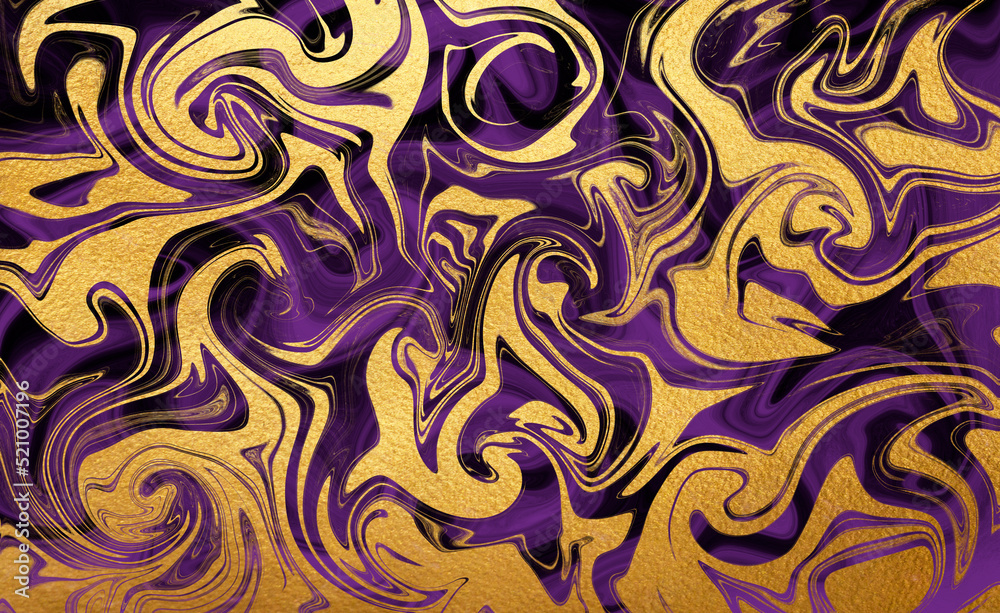 Dark violet, purple and gold rectangle marble texture with liquid watercolor stains, chaotic golden foil swirls, twists. Swirling pattern hand drawn decoration, painted artistic text background.