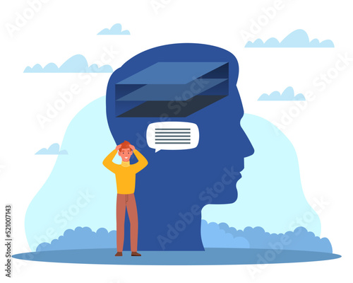 Mental layers in mind. Lots of different thoughts, psychological cognitive process, deeply unconscious thinking, tiny man and head silhouette, vector cartoon flat psychology concept