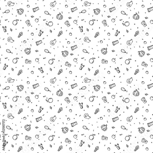 Seamless food pattern. Doodle vector food background. Black and white food illustration