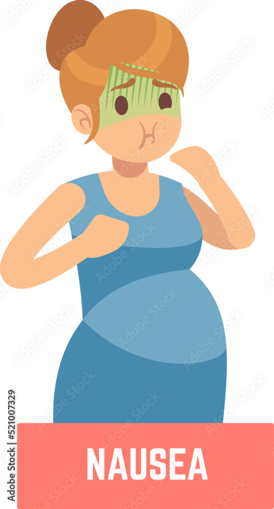 Morning nausea. Pregnancy sign. Woman with green face Morning nausea. Pregnancy sign. Woman with green face