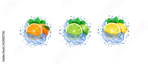 Set of fresh lemon, orange, lime with ice and mint, Mojito, orange juices, lemonade in water splash. Realistic lemon, lime orange fruits