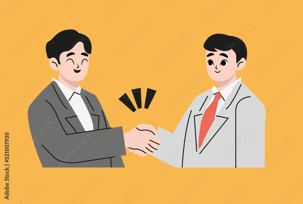 Two businessmen shake hands with each other after a successful deal. Partnership concept. Handshake of two men. Flat style vector illustration