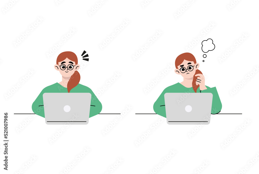 Modern business woman looking happy, working on her laptop, verifying, checking. Hand drawn cartoon sketch vector illustration, whiteboard marker style coloring. Modern business woman looking happy, working on her laptop, verifying, checking. Hand drawn cartoon sketch vector illustration, whiteboard marker style coloring.