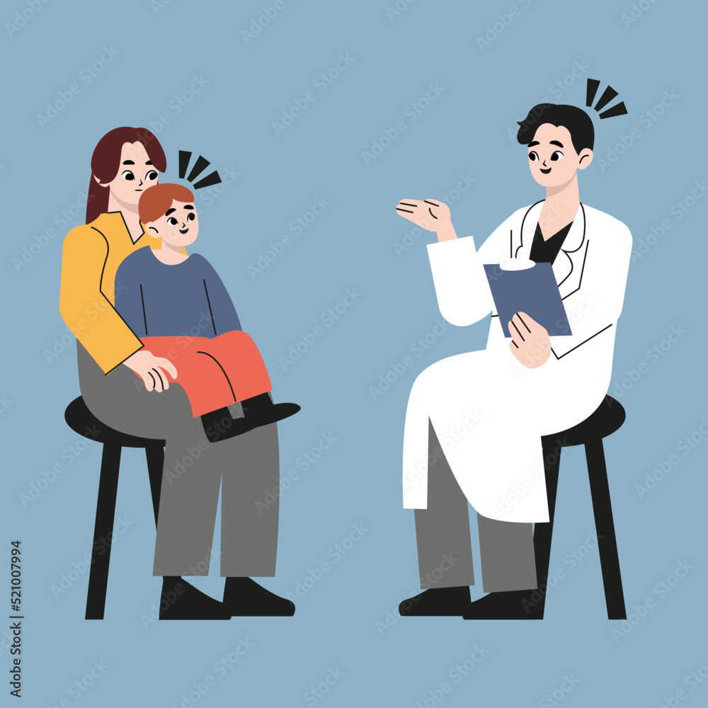At the reception at the pediatrician. The doctor talking to mother and kid who sits in on her mother's lap. Flat style vector illustration