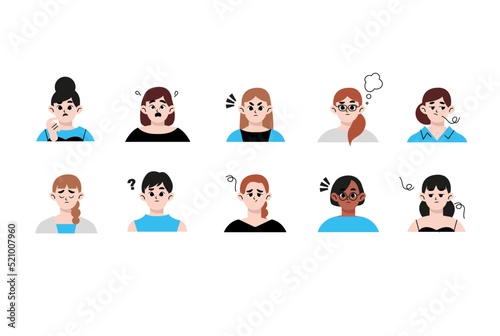 Denial, anger, bargaining, depression, acceptance. Woman expressing different negative emotions. Stages of accepting the inevitable. Sad, furious, irritated girl. Flat style vector illustration