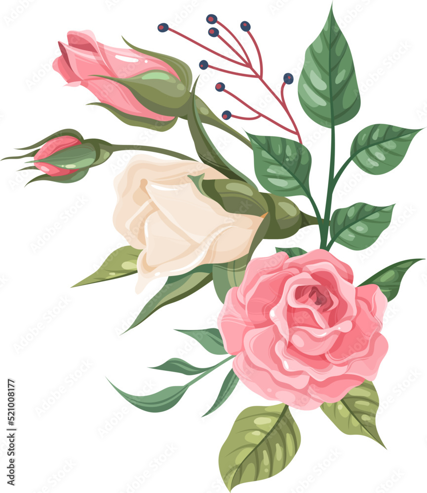 Romantic wedding flowers. Pink and white roses on green branch