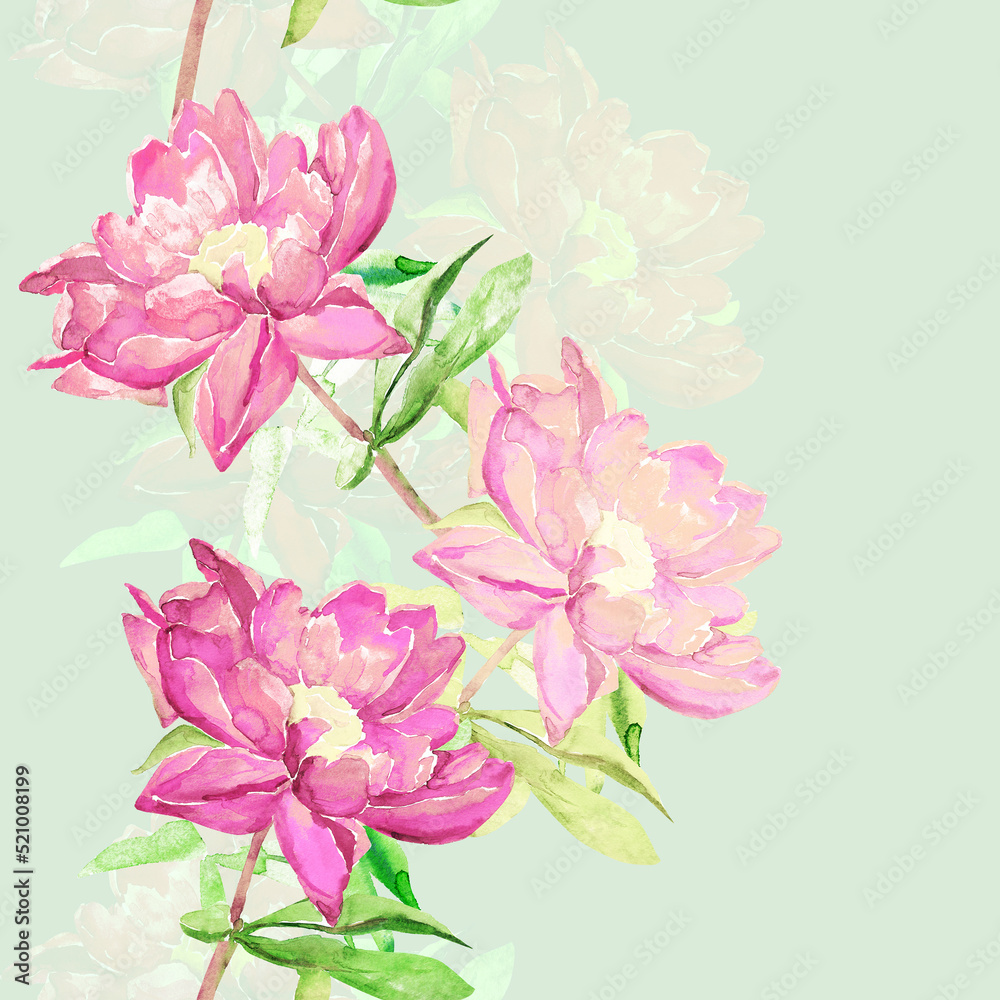 Pattern red peony.Peonies  seamless pattern,flowers watercolor illustration.Image on white and colored background.