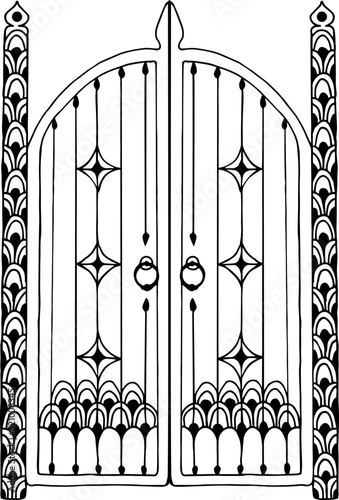 Vector drawing of a carved gate. Entry symbol. Closed gate. For print and web.