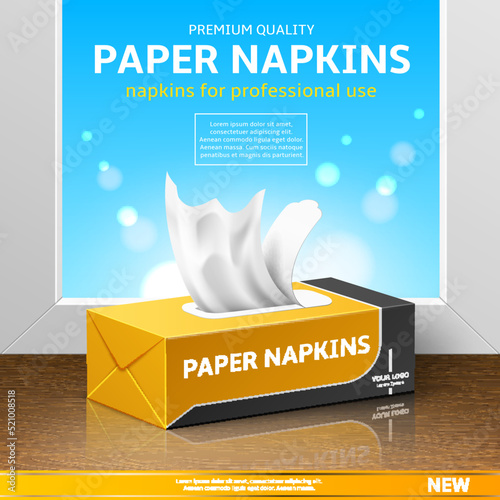 Tissue box poster. Realistic dry kitchen napkins, packaging design, hygiene paper products, skin cleanser, blank cardboard package, 3d mockup, advertising banner template, utter vector concept