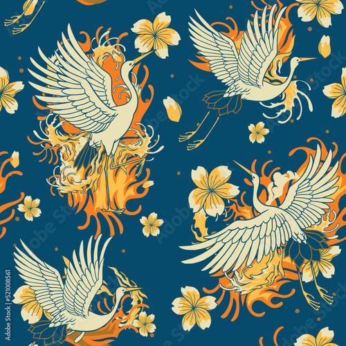 Seamless Pattern of Vintage Heron Bird