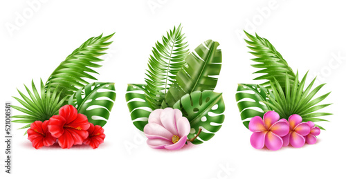 Tropical bouquet. Realistic beautiful flowers and exotic leaves compositions, floristry and decoration, jungle arrangement, monstera and hawaiian palm foliage with hibiscus, utter vector set