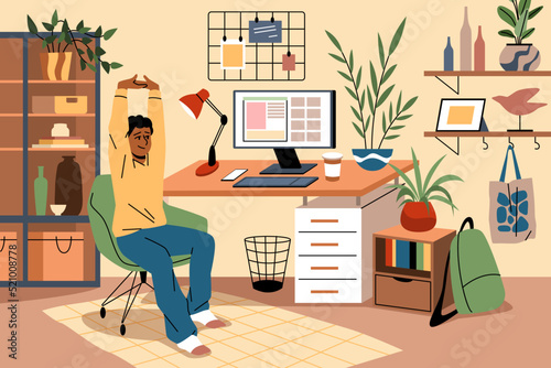 Workplace physical exercises. Guy stretches while sitting at table, wellness warmup, freelancer in room, body relax, fitness and relaxing. Tidy vector cartoon flat style isolated concept