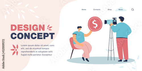 Man giving coin to videographer flat vector illustration. Director recording man on camera. Client paying to producer to shoot video. Income concept for banner, website design or landing web page