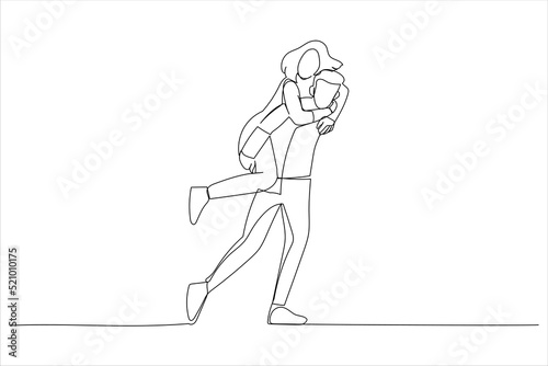 Illustration of happy Asian groom gives a bride piggyback ride. One line style art