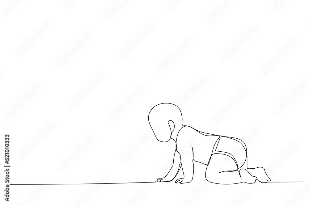 Fototapeta premium Drawing of side view of pretty crawling baby. Single continuous line art
