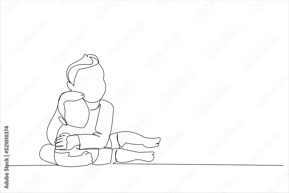Cartoon of baby and his brother on bed. Single continuous line art style Cartoon of baby and his brother on bed. Single continuous line art style