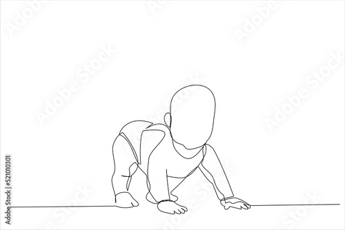 Cartoon of baby boy toddler trying to stand up. Continuous line art