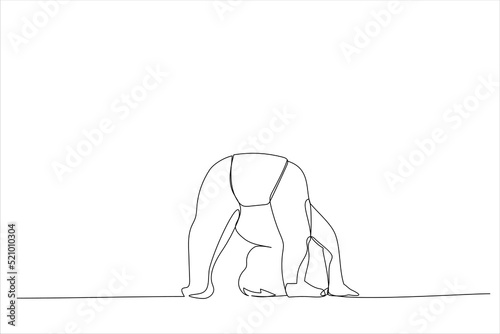 Illustration of funny baby standing on his head, isolated on white. One line style art