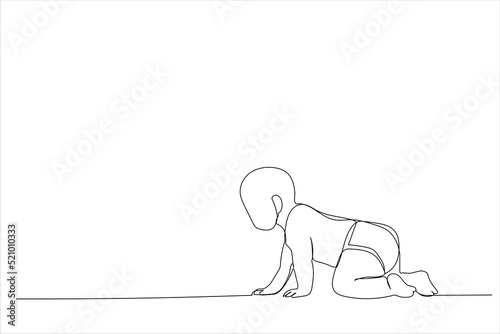 Drawing of side view of pretty crawling baby. Single continuous line art