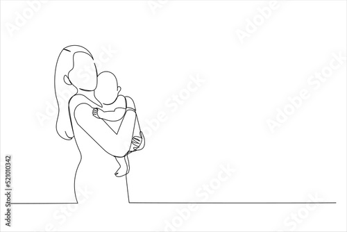 Drawing of happy mother with her baby. Single line art style